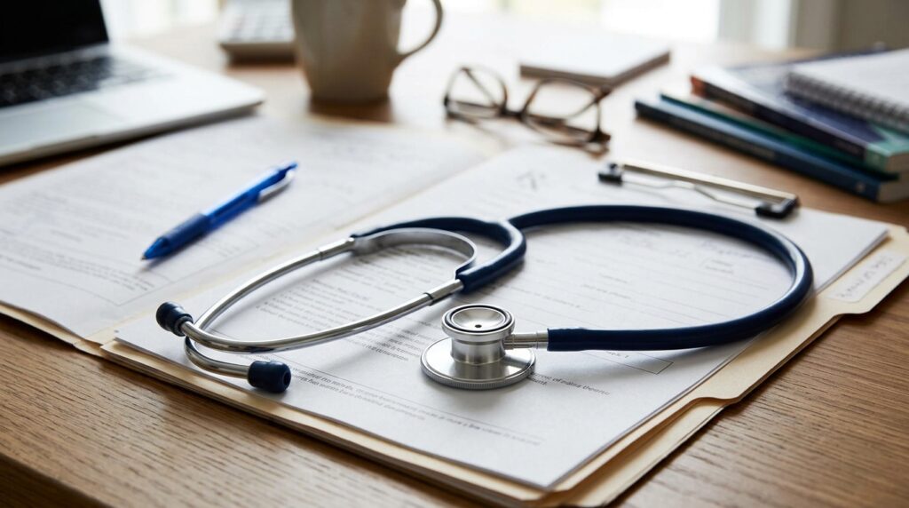 Stéthoscope posé sur un dossier médical